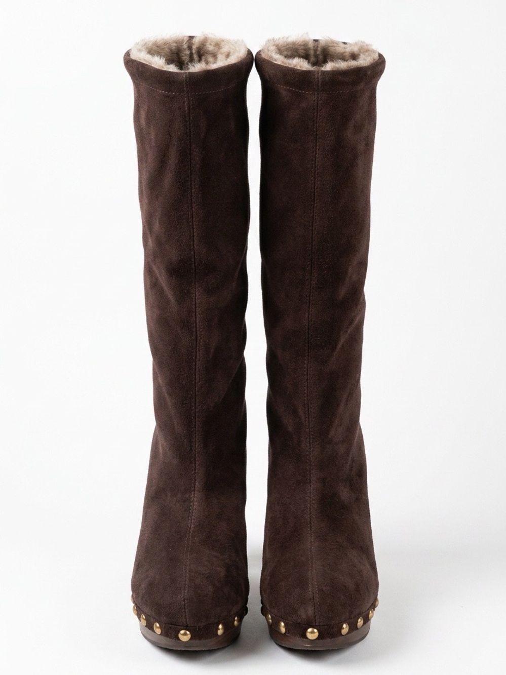Michael Kors Brown Suede Studded Platform Boots with Fur Cuff — Size 10 NWOT